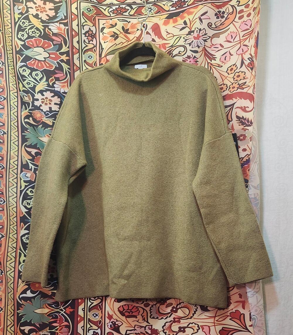J Jill Large Mock Neck Moss Green Sweater Oversized Boxy Fit Long Sleeve